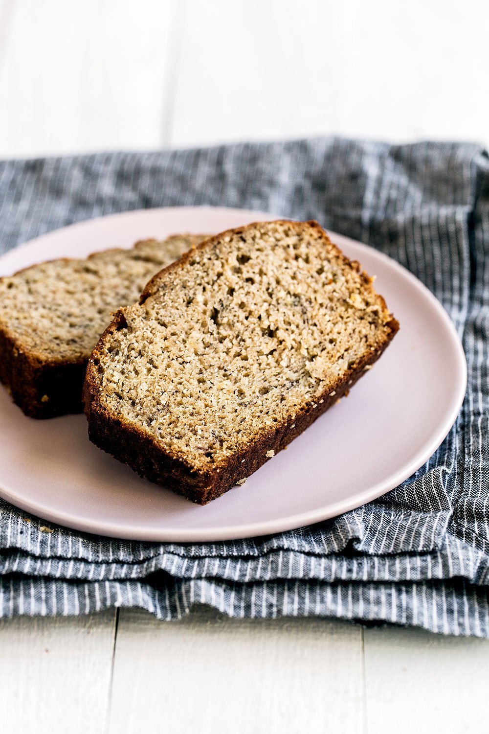 Slices of banana bread on a white plate