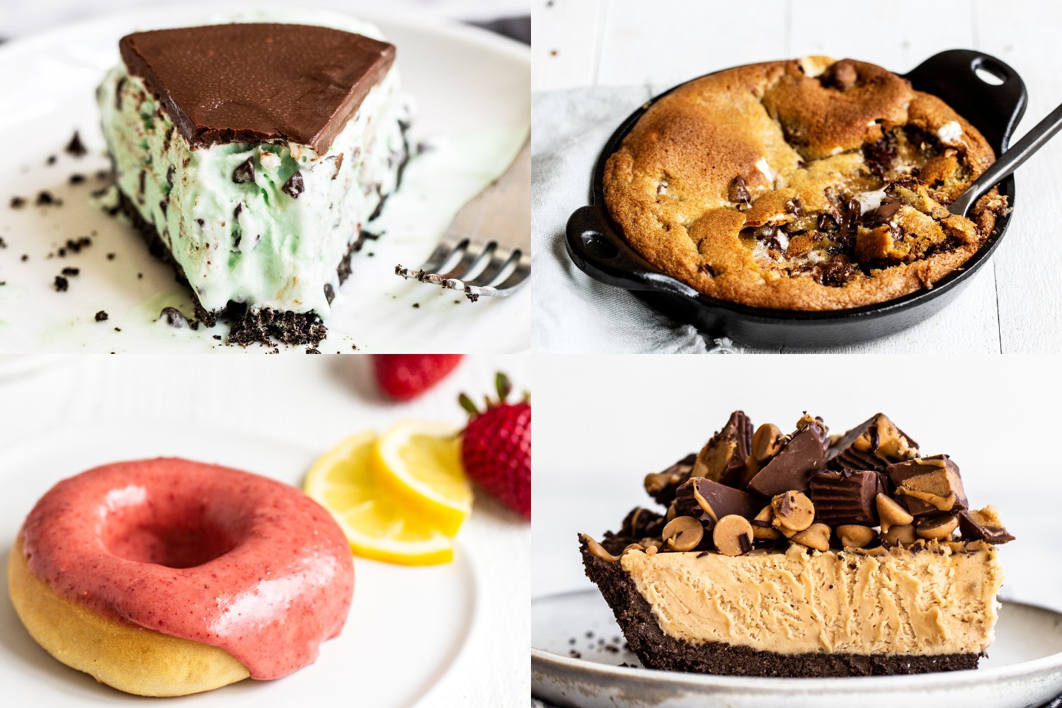 four images of fun summertime bakes: a slice of mint chip frozen pie, s'mores pizookie, strawberry lemon doughnuts, and peanut butter pie.