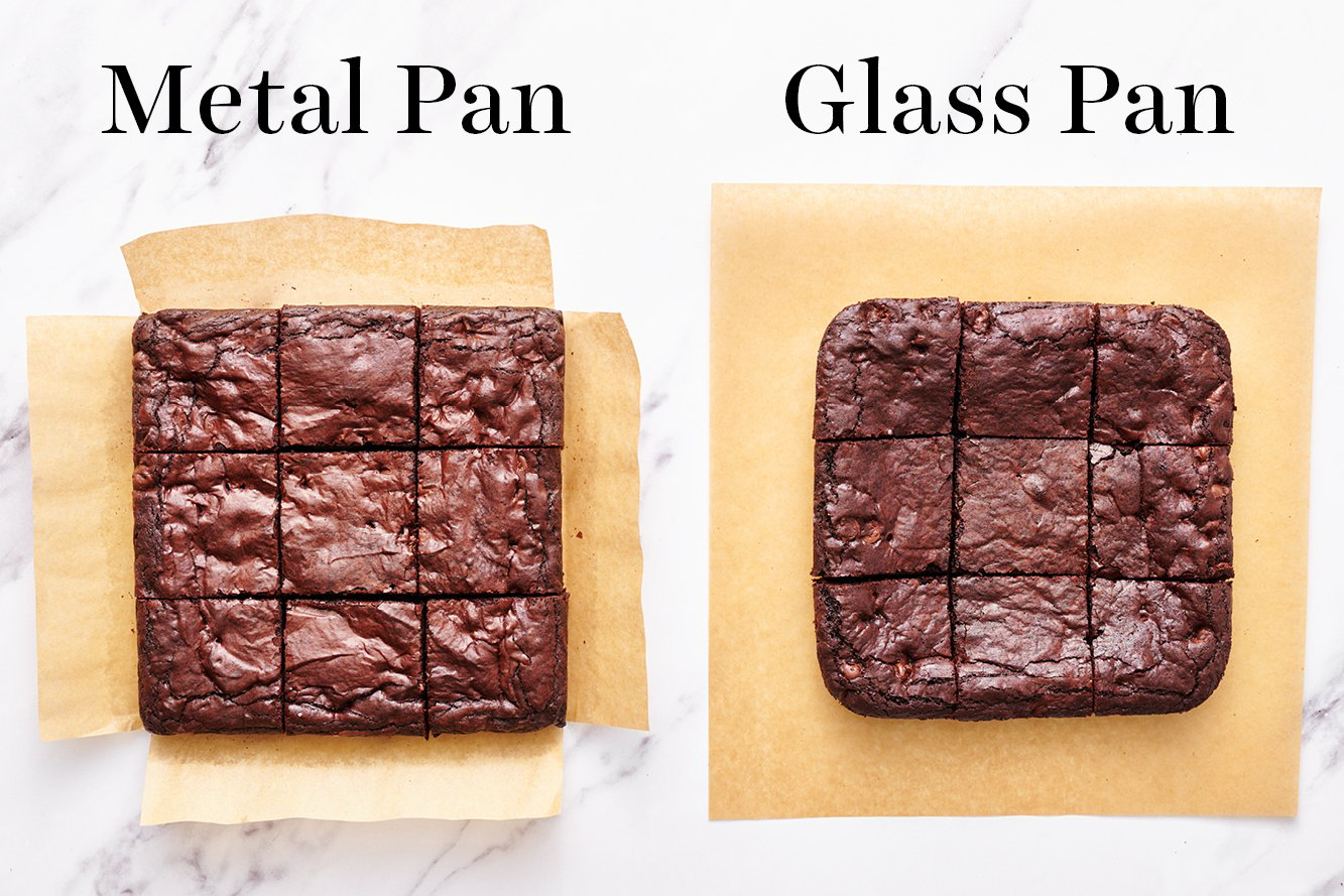 sliced brownies baked in a metal pan next to sliced brownies baked in a glass pan