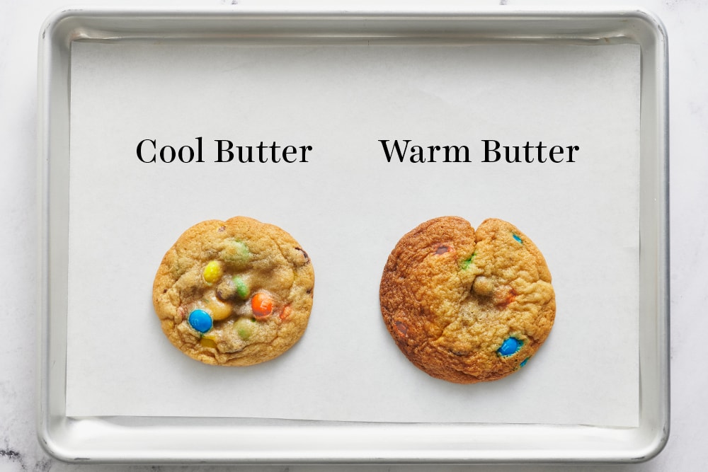 comparison of m&m cookies made with cool room temperature butter vs too butter that's too warm.