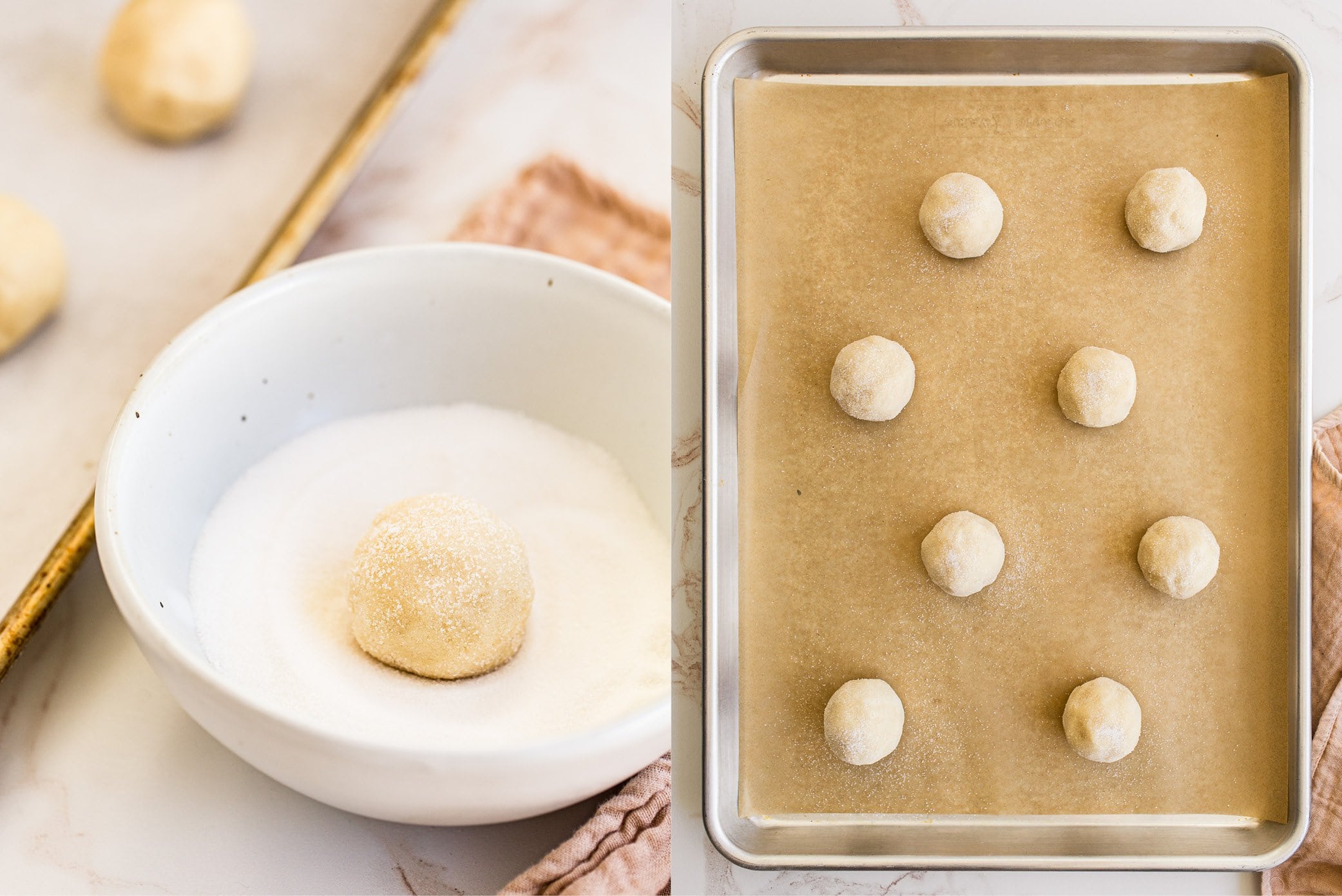 my sugar cookie recipe - portioned dough balls being rolled in sugar and placed on a baking sheet, ready to bake