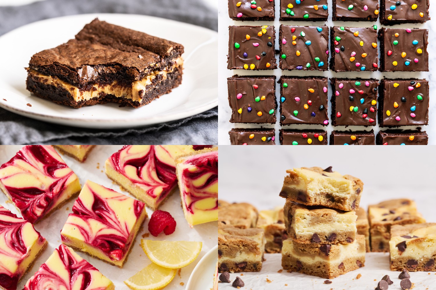 four bar dessert images: peanut butter-stuffed brownies, cosmic brownies, raspberry lemonade cheesecake bars, and chocolate chip cookie dough cheesecake bars.