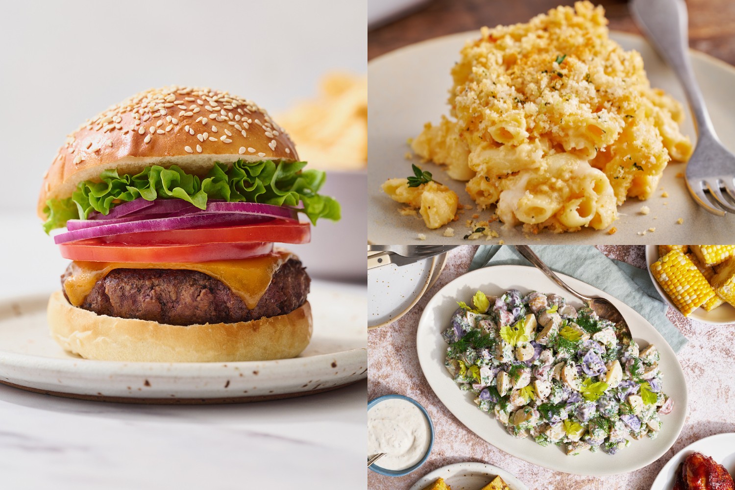 three images of savory recipes: burger buns, macaroni and cheese, and potato salad.