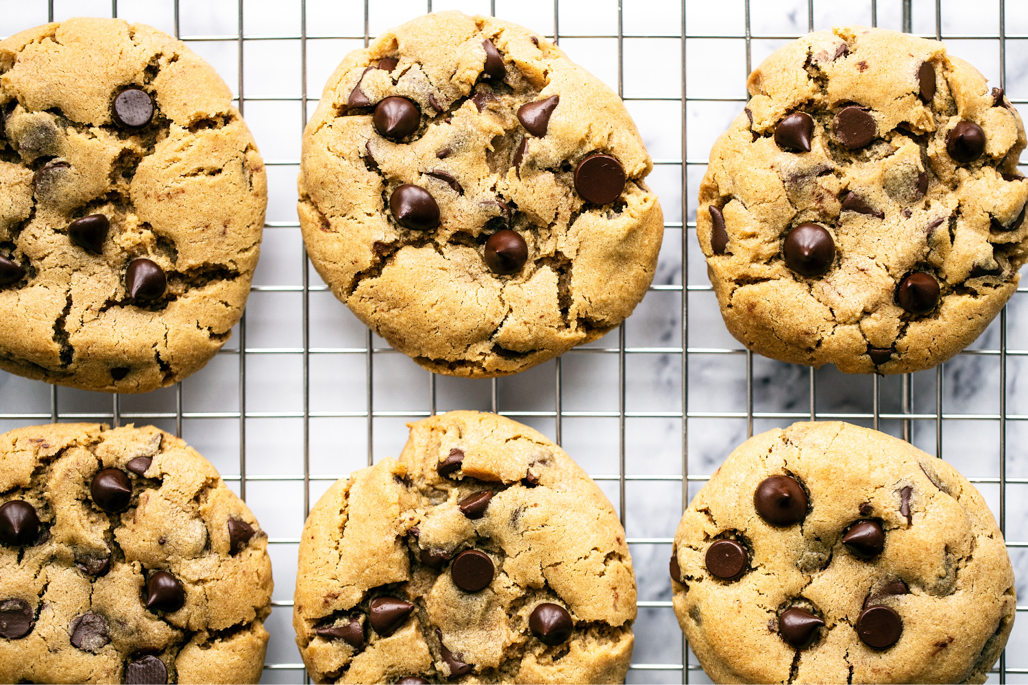 several peanut butter chocolate chip cookies cooling on a wire rack.