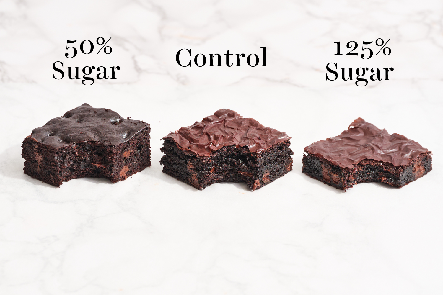 three slices of the test batches lined up to compare their texture from the side.