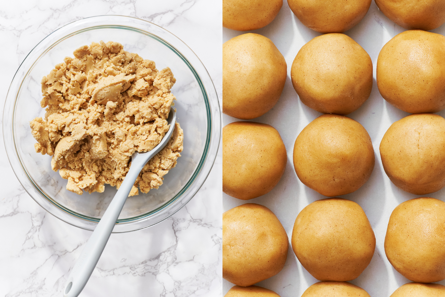 balls of snickerdoodle dough, ready to be rolled in cinnamon sugar.