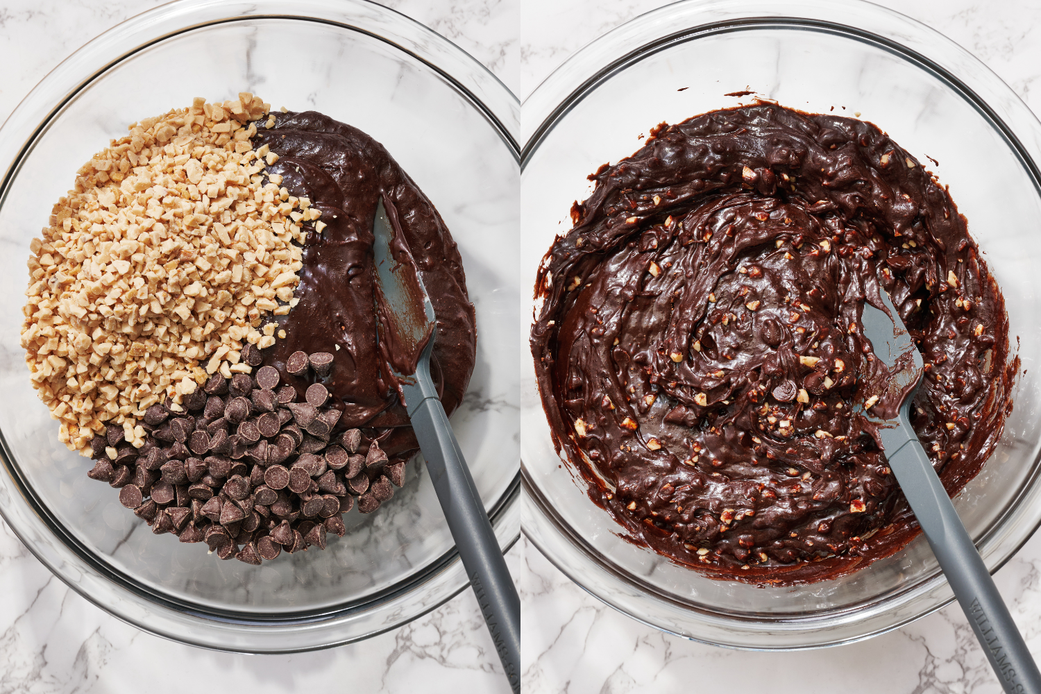 two bowls side-by-side - one with the toffee and chocolate chips not yet mixed in, and the other after they've been combined into the batter.