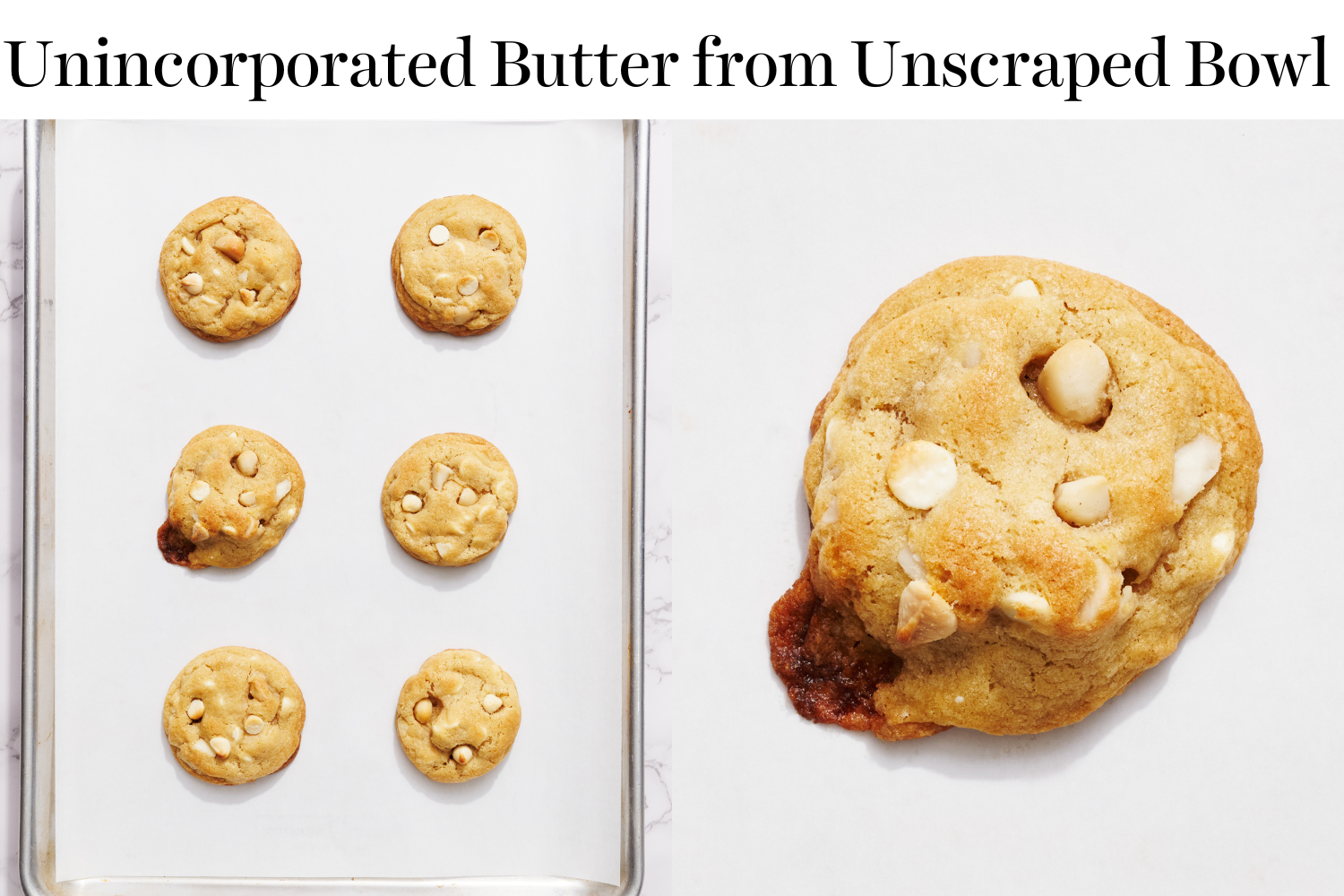 a photo of a cookie with a blowout or explosion, from unincorporated butter due to not scraping down the bowl while preparing the dough.